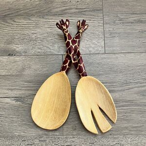 Hand Carved Wood Giraffe Salad Servers Spoon & Fork 11” Long African/Kenyan